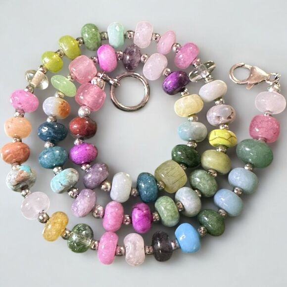 One of a Kind Handmade Genuine Gemstone  Turquoise Jade Ruby Zoisite Quartz 925 - Picture 2 of 5